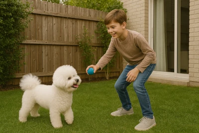 Bichon Frise with a fluffy white coat playing fetch in a small yard.