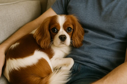 Cavalier King Charles Spaniel cuddling with its owner on a cozy couch.