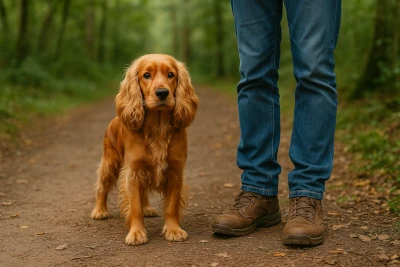 Cocker Spaniel standing on a forest path beside its owner.