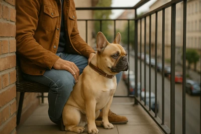 French Bulldog sitting on an apartment balcony beside its owner.