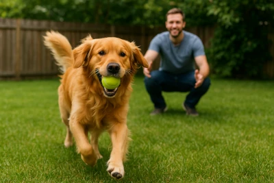 Golden Retriever running with a tennis ball toward its owner in a backyard.