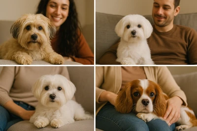 Havanese, Maltese, and small spaniel-type dogs relaxing indoors with their owners.