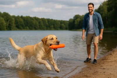 Labrador Retriever swimming in a lake to retrieve a floating toy.