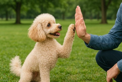 Miniature Poodle giving a high-five to its owner in a park.