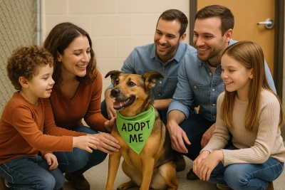 Mixed-breed shelter dog wearing a bandana meeting a family in an adoption room.