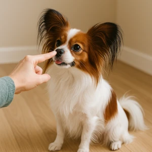 Papillon with butterfly-like ears doing a trick with its owner.