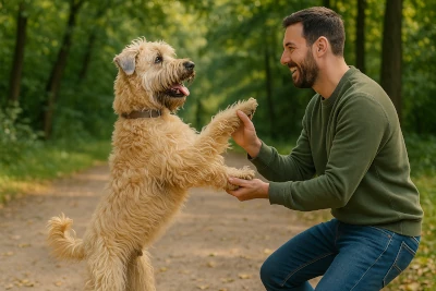 Soft Coated Wheaten Terrier joyfully greeting its owner on hind legs.