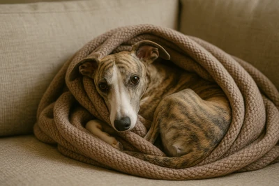 Whippet curled up under a blanket on a couch looking calm.