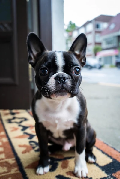 Boston Terrier sitting by an apartment window looking outside.