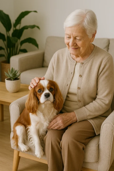 Cavalier King Charles Spaniel sitting calmly in a small living room.