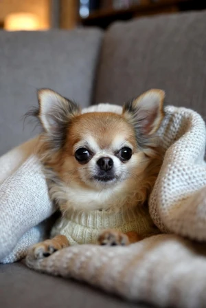 Chihuahua snuggled under a blanket on an apartment couch.