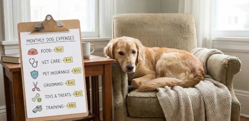 Dog sitting beside a list of monthly expenses including food, vet bills, insurance, grooming, toys, and training, illustrating the real cost of owning a dog.