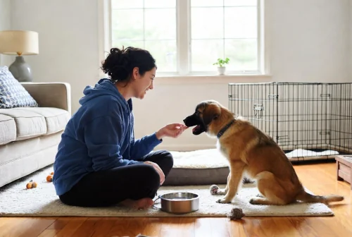 Owner sitting on the floor bonding with their new dog during the first 48 hours at home, with a bed, crate, and toys set up.