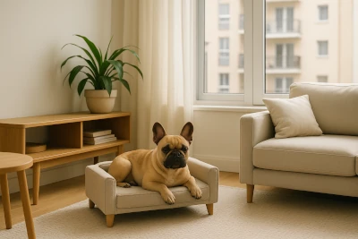 French Bulldog resting on a sofa in a small apartment living room.