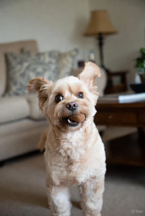Havanese playing with a toy in a compact living room.