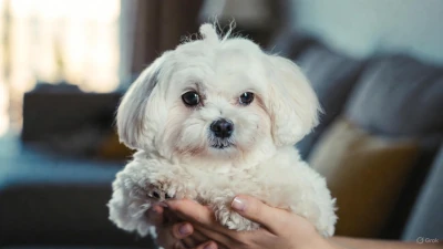 Maltese dog sitting on owner’s lap in a small condo.