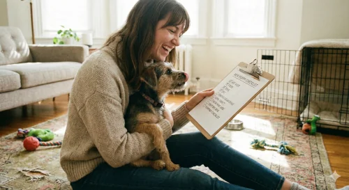 New dog owner sitting with puppy and checking a new dog owner checklist.