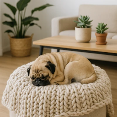 Pug lying on a blanket in a cozy small home.