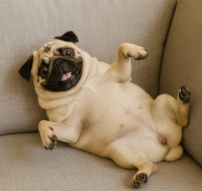 Playful Pug lying on its back on a couch looking up at its owner.