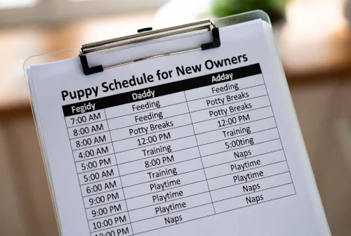 Daily puppy schedule for new owners with feeding, potty breaks, and training times.
