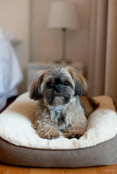 Shih Tzu with a puppy cut relaxing in a dog bed in an apartment.