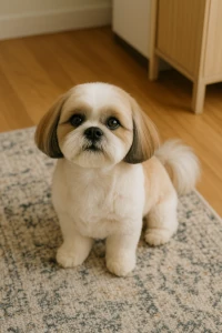Shih Tzu with a short puppy cut sitting on a living room rug.