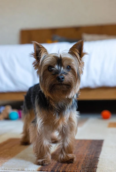 Yorkshire Terrier standing on a rug in a studio apartment.